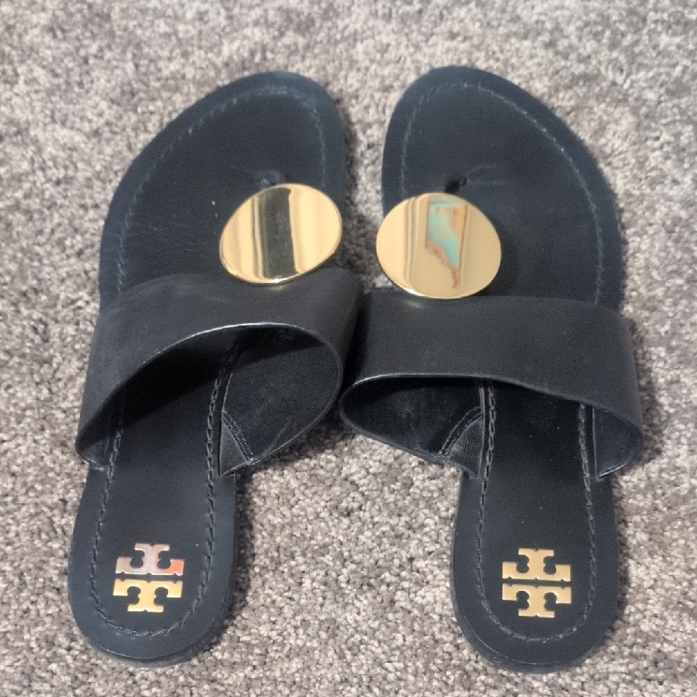 Tory Burch Black Slides with Gold Medallions